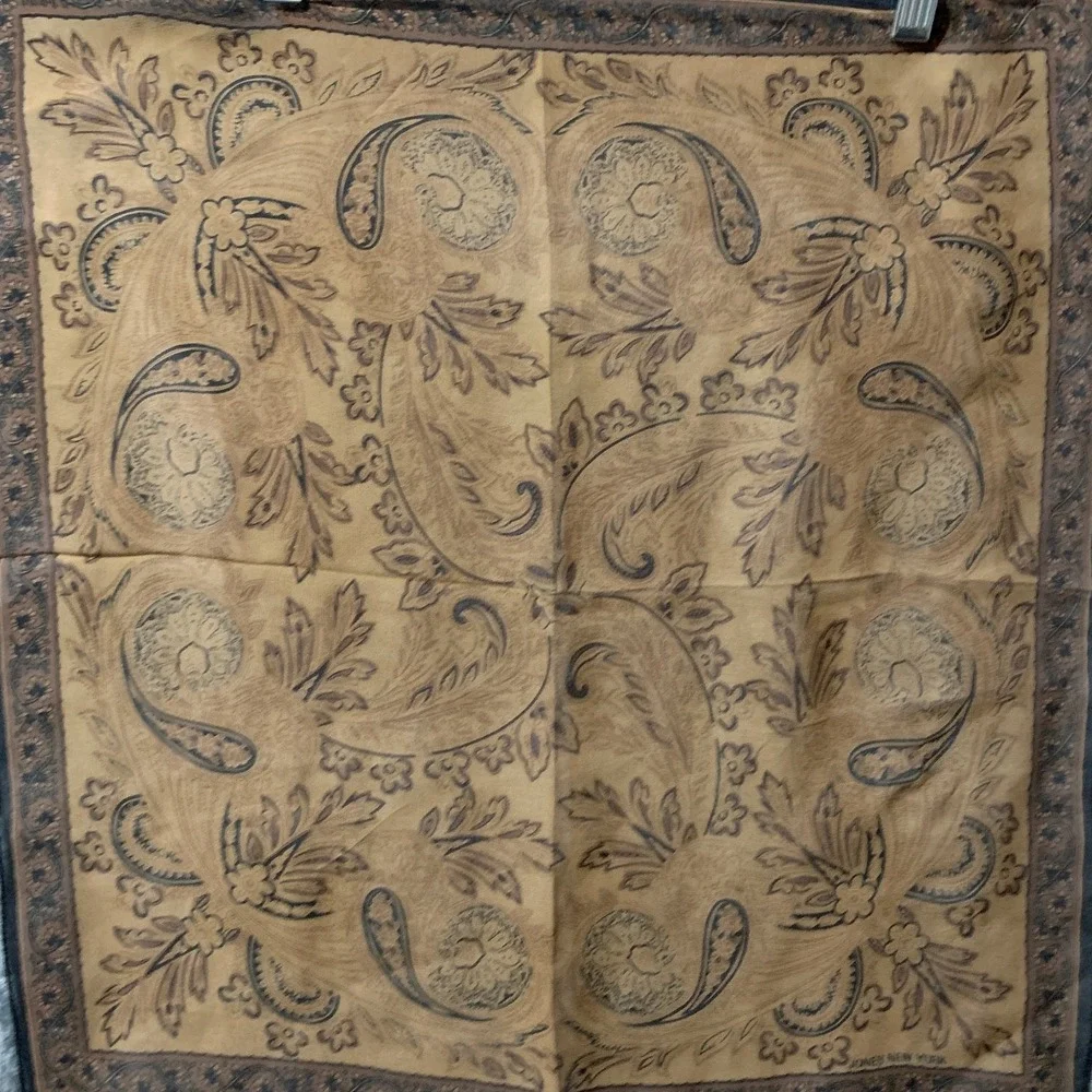Jones New York Vtg Silk Blend Paisley Scarf Wrap Tan Brown Black Square